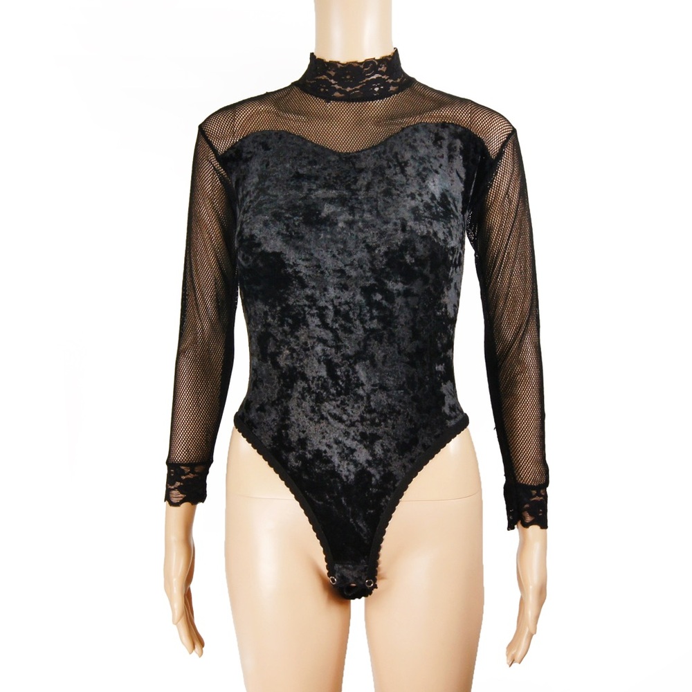 Vintage 90s Retro Black Velvet Fishnet Mesh Lace Long Sleeve Bodysuit One Piece